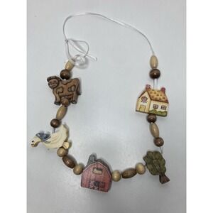 Vintage Folk Art Wooden Farm Animals Pendant Necklace Hand Painted Wall Hanging